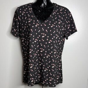 Celebrate Together Women's Black V-Neck Tee with Pink Heart Print Size M